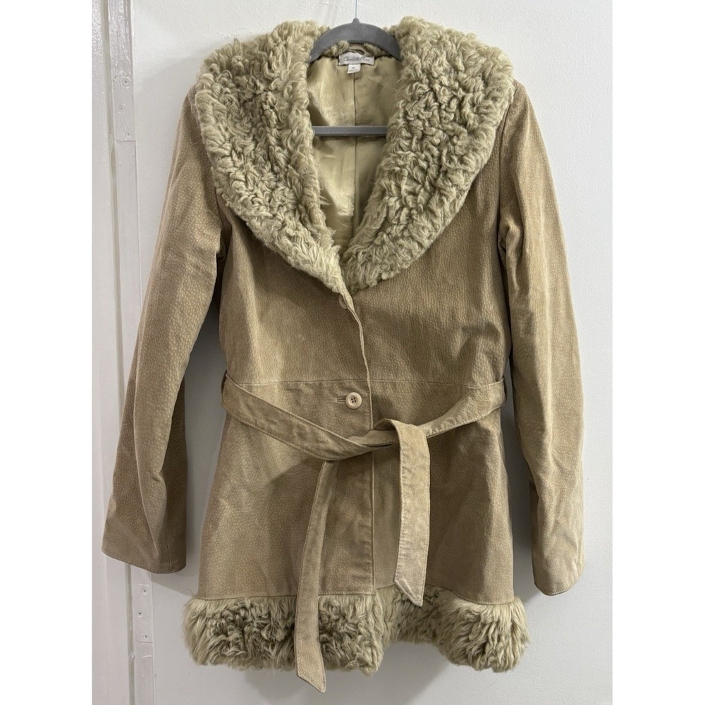 Charlotte Russe Womens M Suede Faux Fur Coat Beige Belted Penny Lane 70s Boho